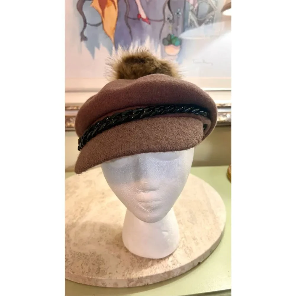 Vintage Handmade Faux Fur Pom Pom‎ Wool Brown Hat Women’s Newsboy Cabbie - Picture 2 of 11